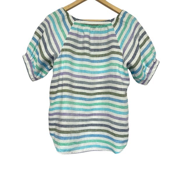 Talbots Linen Top Womens Size M Blue Stripe Puff Sleeve Beachy Coastal Preppy - Picture 5 of 9
